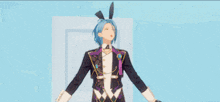 a man with blue hair and bunny ears is standing in front of a colorful building .