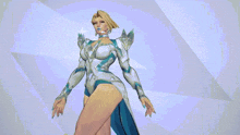 a woman in a blue and white costume is standing in front of a blue background
