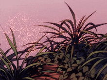 a painting of some plants with a purple sky in the background