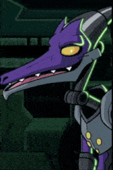 a cartoon drawing of a robot with a purple head