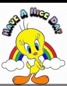 tweety bird is standing in front of a rainbow with the words `` have a nice day '' surrounding him .