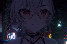 a girl wearing glasses and a choker stands in front of lanterns