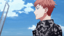 a man with red hair and a camouflage shirt looks at something