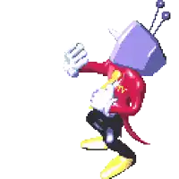 a cartoon character with a purple box on his head