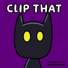 a black cat with yellow eyes is on a purple background that says clip that