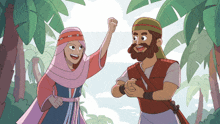a cartoon of a man and a woman in a jungle