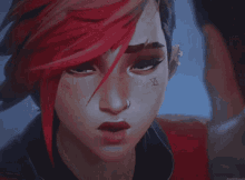 a woman with red hair has a tattoo on her face that says ' i '