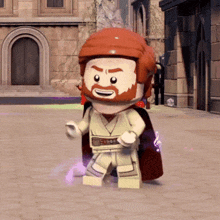 a lego character with a beard and a red helmet