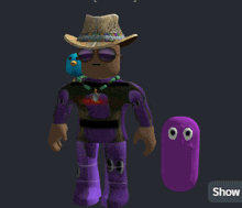 a cartoon character wearing a cowboy hat and sunglasses has a blue bird on his shoulder and a purple object with eyes