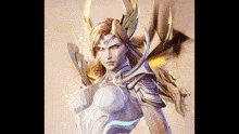 a woman in a white and gold armor with wings on her head