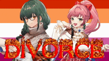 two anime girls are standing next to each other and the word divorce is written in flames