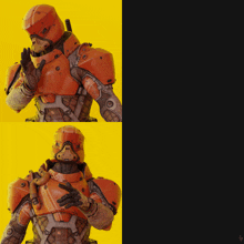 two pictures of a futuristic soldier on a yellow background