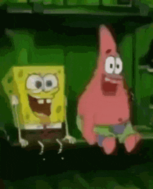 spongebob and patrick are sitting next to each other in a green room .
