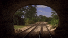 a train track is going through a tunnel with trees on the side