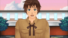 a boy in a brown shirt with a bow tie stands in front of a building