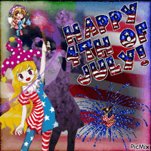 a happy 4th of july greeting card with fireworks and a girl