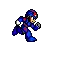 a pixel art of a man in a blue and red suit running .