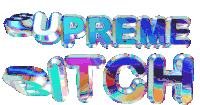 the word supreme bitch is displayed in a holographic font