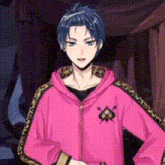 a man with blue hair is wearing a pink hoodie with a leopard print .