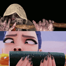 a woman with long black nails is eating sushi next to a monster