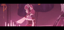 a girl with pink hair is standing next to another girl in a purple room .