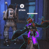 a video game character is being attacked by another character with a green arrow pointing to attack