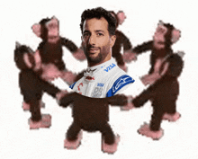 a man in a visa shirt is surrounded by monkeys in a circle