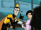 a cartoon character with a crown on his head gives a thumbs up to a woman