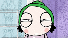 a cartoon character is wearing a green hat and looking tired