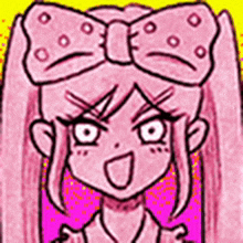a pink cartoon girl with pigtails and a bow on her head .
