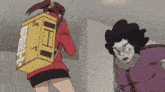 a cartoon drawing of a woman carrying a box that says ' i-e-i ' on it