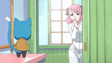 a blue cat standing next to a woman with pink hair and horns