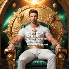 a man in a white shirt is sitting in a chair with the words " goodnight " written on his shirt