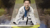 a man in a white shirt with a blue scarf around his neck is screaming in a video that says woo revolution