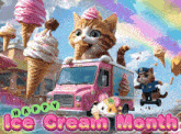 a cat is eating an ice cream cone from an ice cream truck