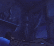 a drawing of a bed in a dark room with blue lights