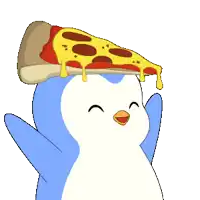 a cartoon penguin is holding a slice of pizza on its head