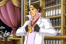 a man wearing a medal around his neck stands in front of a bookshelf