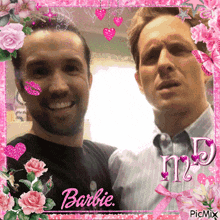 two men are posing for a picture in a pink frame with the word barbie on it