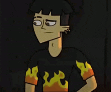 a cartoon character wearing a black shirt with flames on it