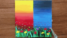 a painting of a sunset and a sunset with flowers