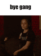 a woman is holding a tray and the words bye gang are above her