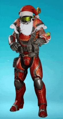 a man in a santa suit is holding a christmas present