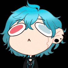 a cartoon drawing of a person with blue hair and glasses