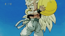 a cartoon of a person holding a yellow ball with the time 9:16 in the background