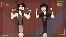 two cartoon characters are standing next to each other and one has a shirt that says hot people like it awesome on it