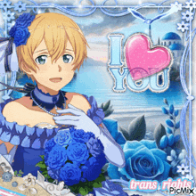 a girl in a blue dress is holding a bouquet of blue roses and the words i love you are above her