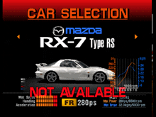 a white mazda rx-7 type rs is shown in a car selection screen