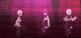 three anime girls are dancing on a stage in front of a purple background .