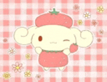 cinnamoroll wearing a strawberry hat and holding a strawberry on a pink checkered background .